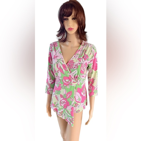 J.B. Floral V-Neck Wrap Top True Vintage in Pink and Green - Picture 3 of 12